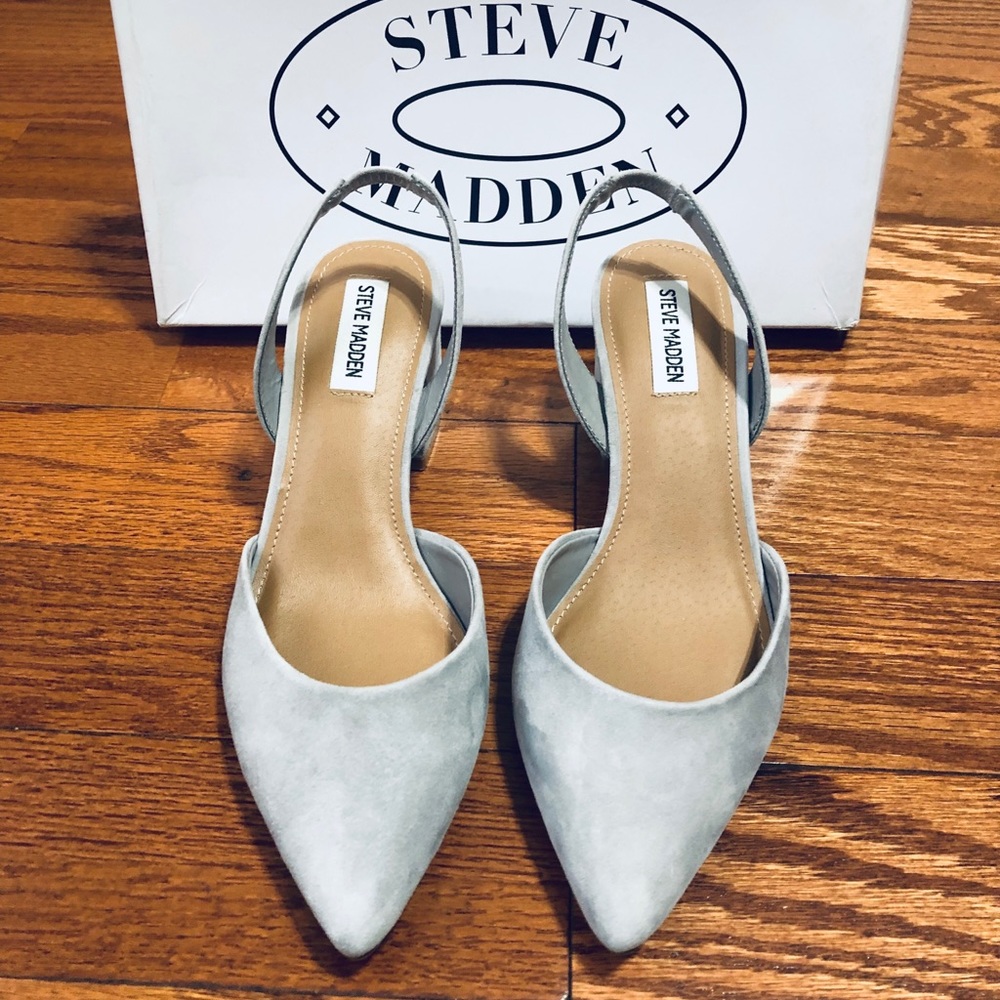 Grey Suede Slingback Square Heel Pointy Pumps